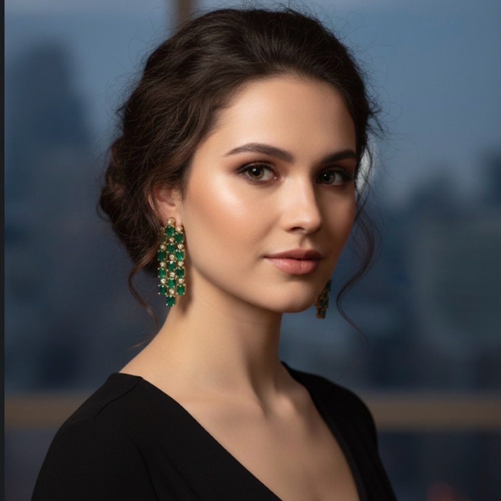 Vintage Emerald Diamond Gold Cascading Post Earrings